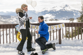 Vail Skiing Mountain Top Surprise Party Engagement